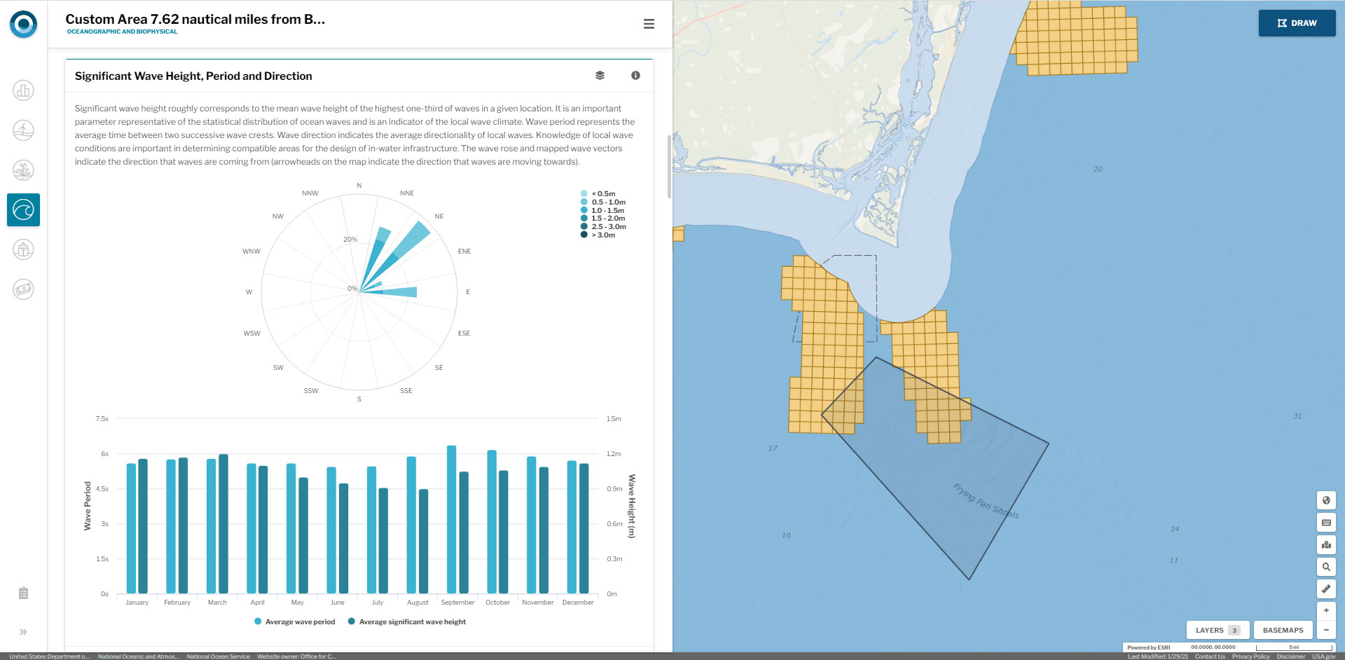 OceanReports tool showing a rose diagram of Prevailing Wind Speed and Direction